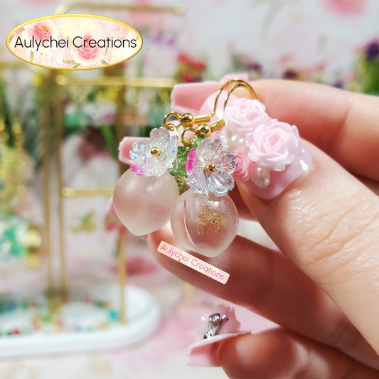 White Frosted Glass Peach Dangle Earrings