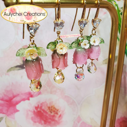 Beige 18K Cubic Zirconia Resin Tulip Dangle Earrings