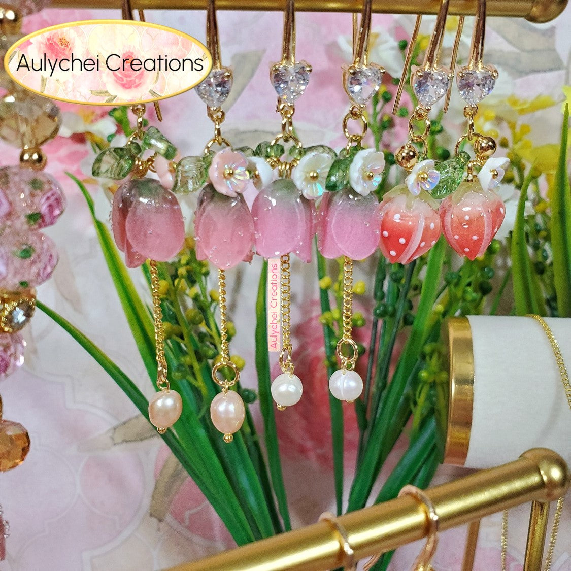 Beige 18K Cubic Zirconia Resin Tulip Dangle Earrings