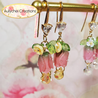 Beige 18K Cubic Zirconia Resin Tulip Dangle Earrings