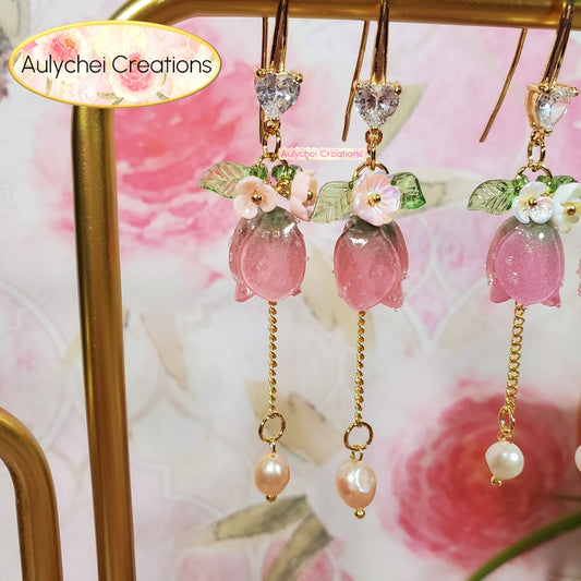 Pearl 18K Cubic Zirconia Resin Tulip Dangle Earrings