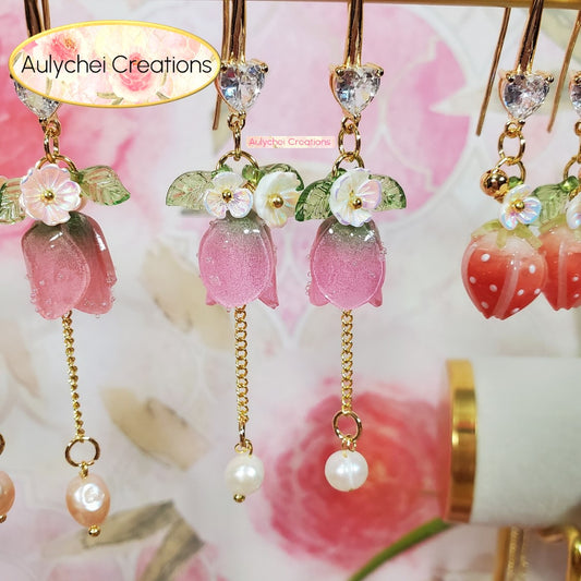 White Pearl 18K Cubic Zirconia Resin Tulip Dangle Earrings