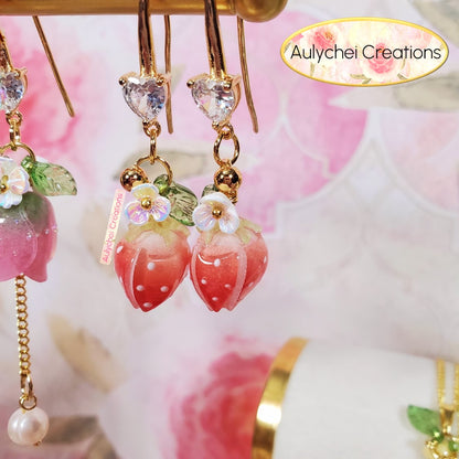 18K Cubic Zirconia Red Resin Strawberry Dangle Earrings