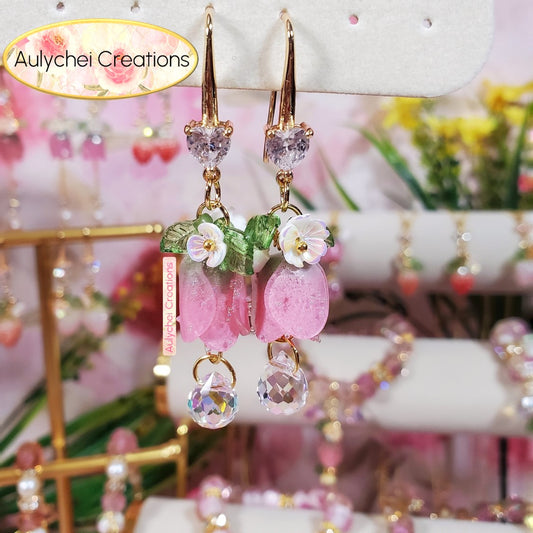Crystal 18K Cubic Zirconia Resin Tulip Dangle Earrings