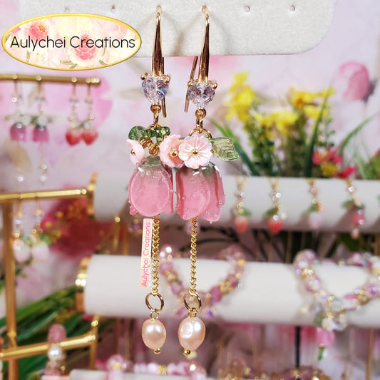 Pearl 18K Cubic Zirconia Resin Tulip Dangle Earrings
