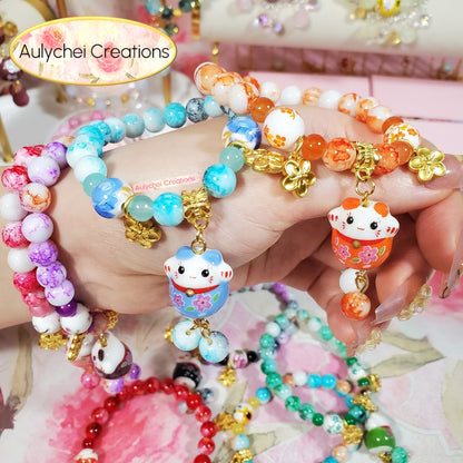 Yellow Ceramic Neko Cat Cherry Blossom Bracelet