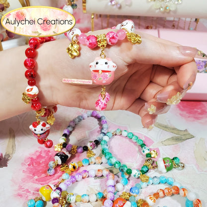 Pink Ceramic Neko Cat Cherry Blossom Bracelet