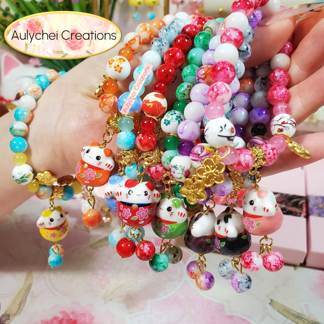 Orange Ceramic Neko Cat Cherry Blossom Bracelet