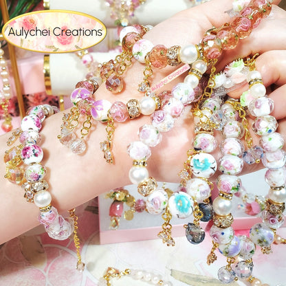 Lilac Flower Glass Bead Bear Bracelet