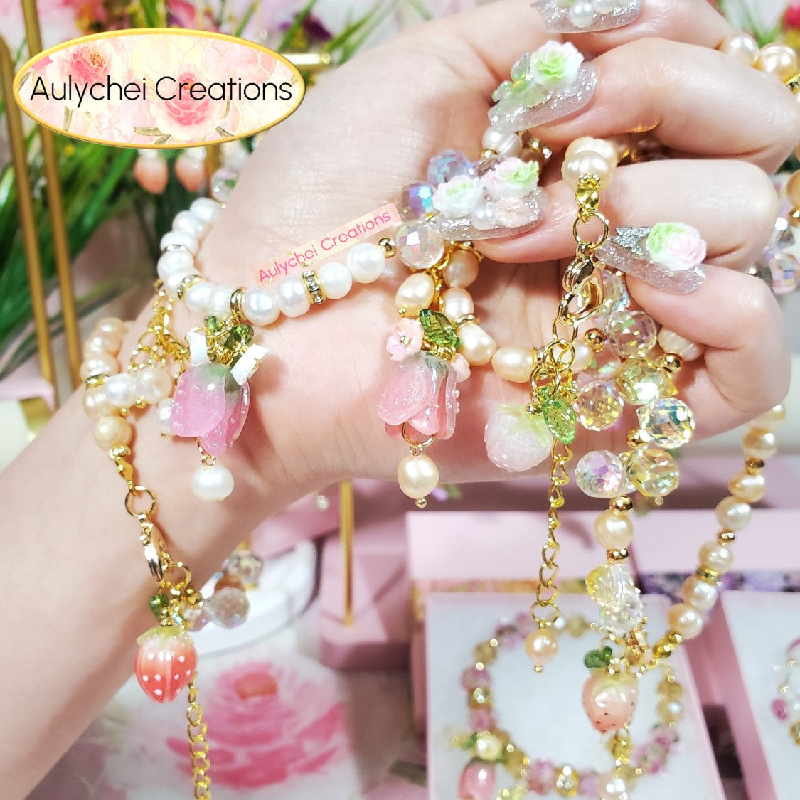 Pink Resin Strawberry Cultured Pearl Bracelet