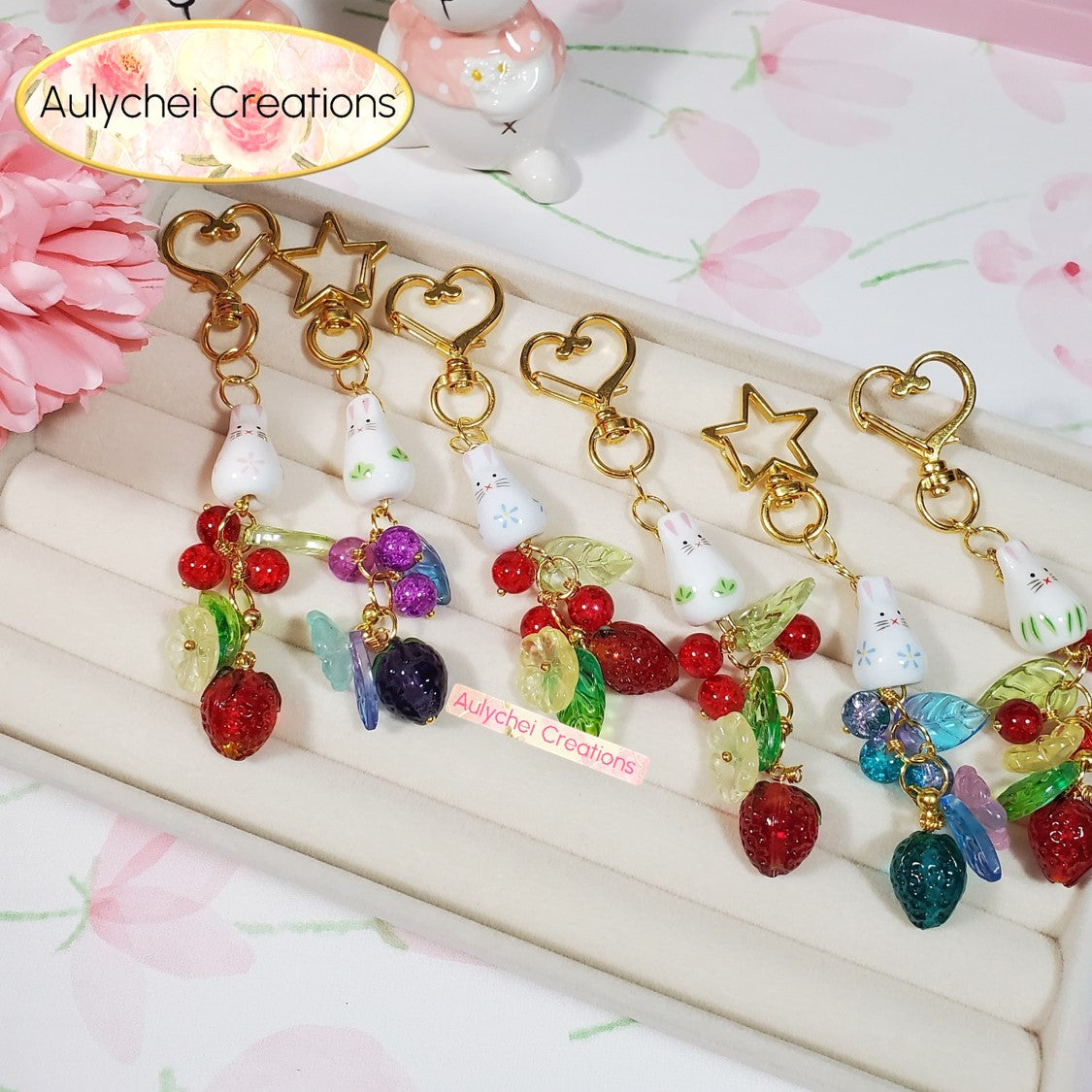 Ceramic Bunny Blue Strawberry Flower Keychain