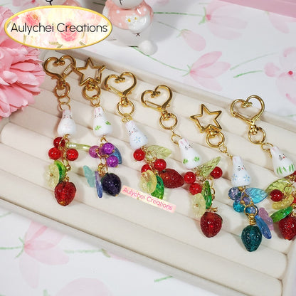 Ceramic Bunny Blue Strawberry Flower Keychain