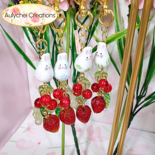 Ceramic Bunny Red Strawberry Flower Glass Keychain