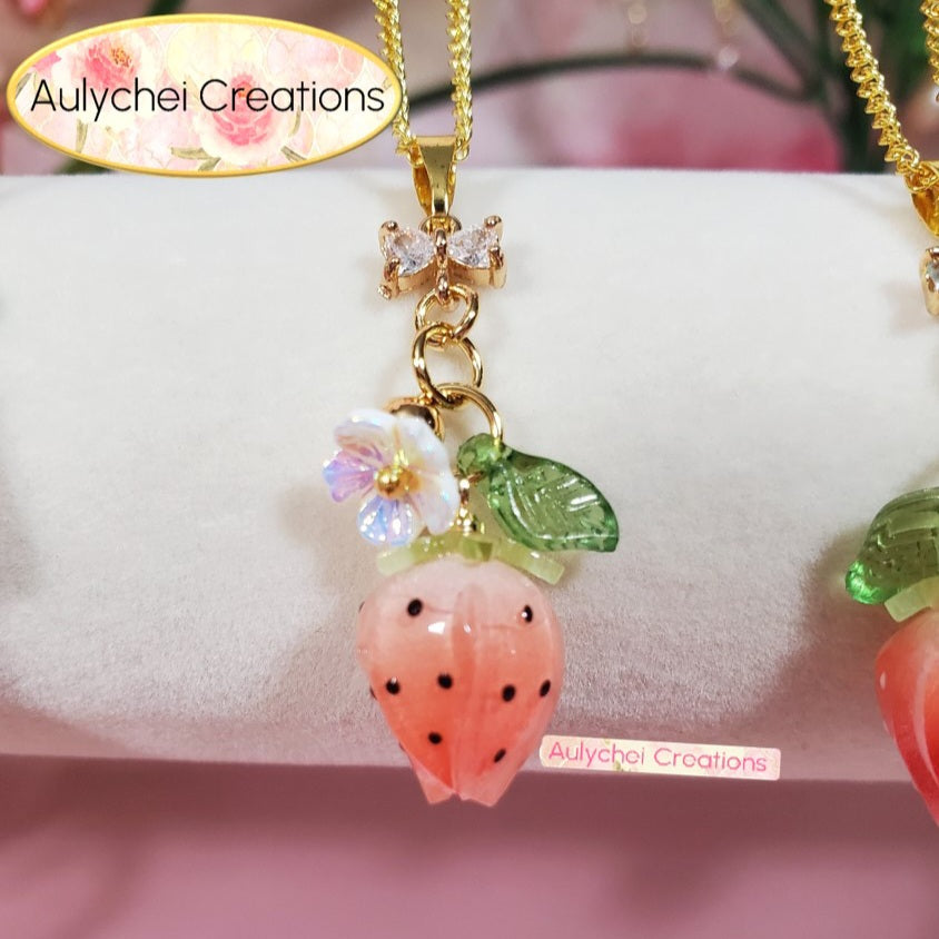 Pink Resin Strawberry Pendant Necklace
