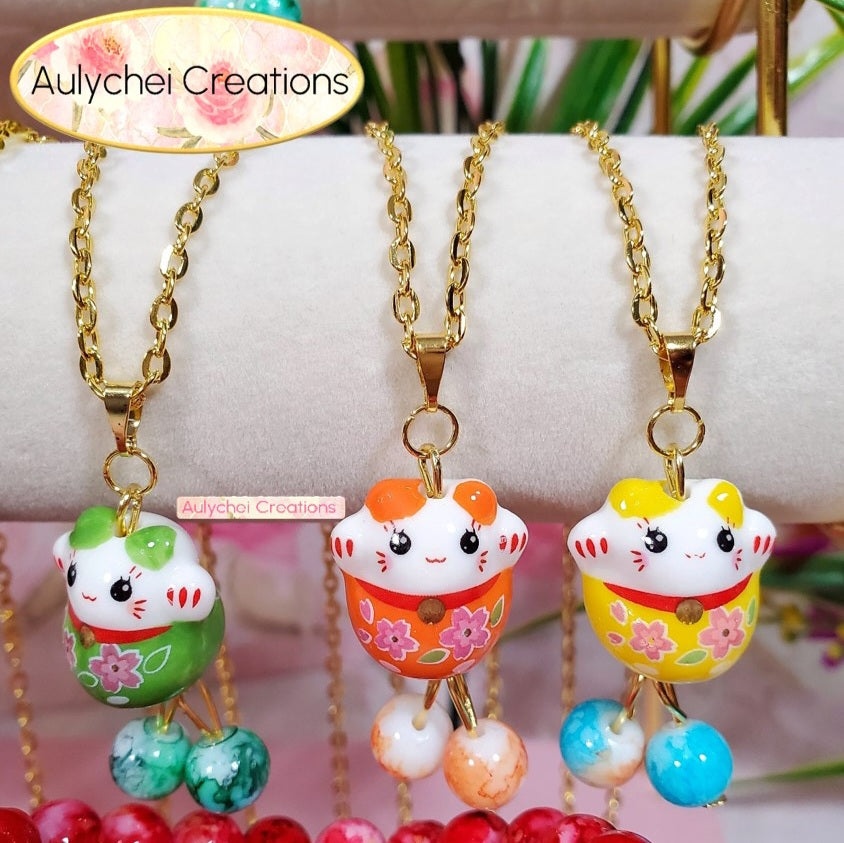 Orange Ceramic Neko Cat Pendant Necklace