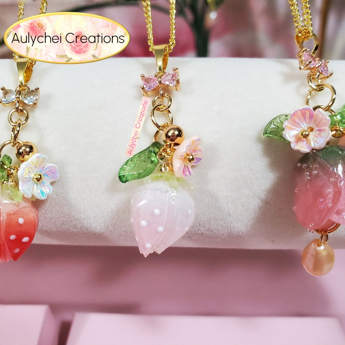 White Resin Strawberry Pendant Necklace