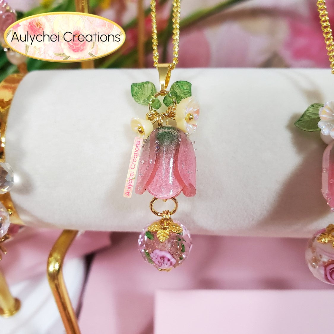 Gold Resin Tulip Flower Pendant Necklace