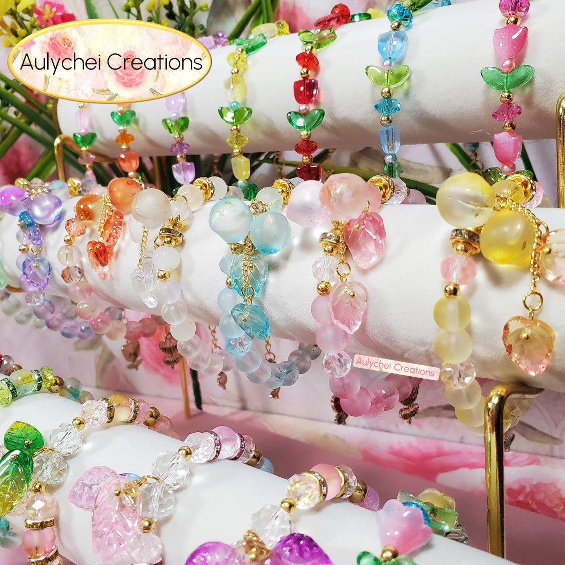 Peach Glass Bead Bracelet - Purple Frosted