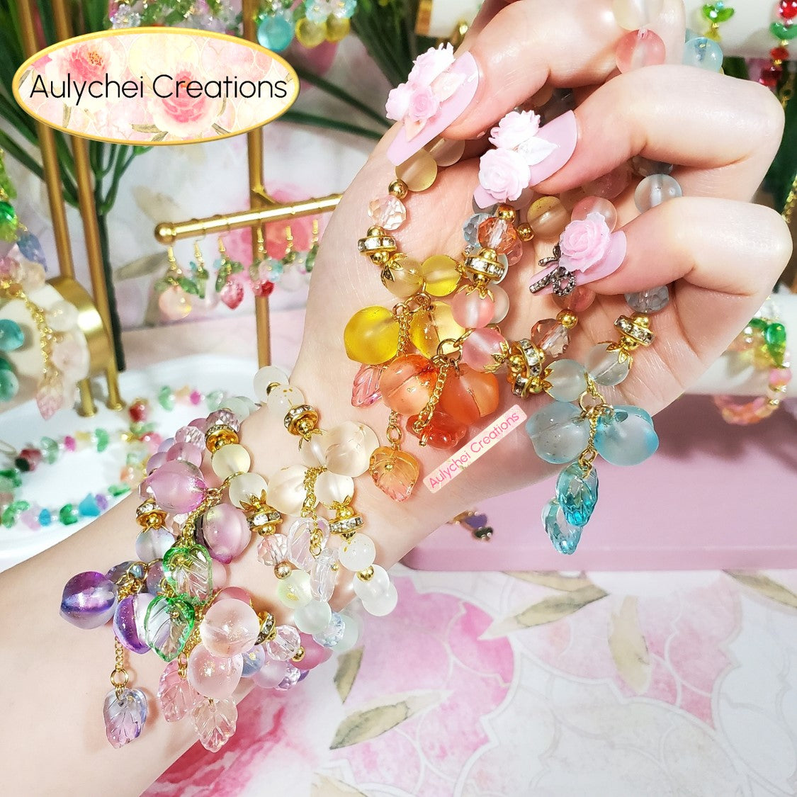 Peach Glass Bead Bracelet - Gold