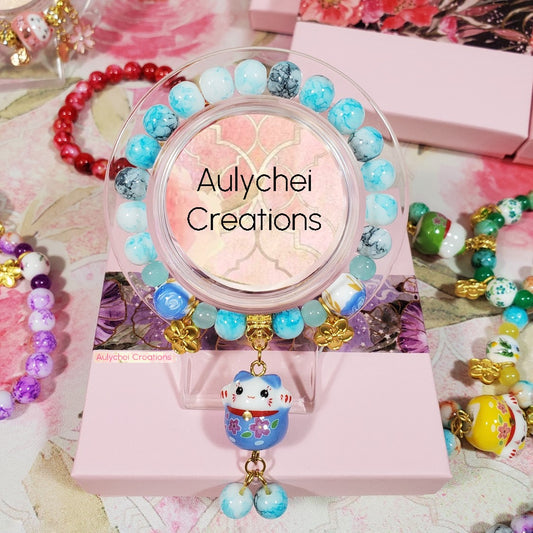 Blue Ceramic Neko Cat Cherry Blossom Bracelet