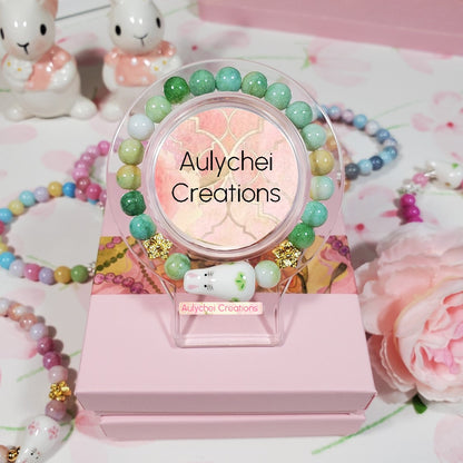 Ceramic Bunny Green Glass Bead Bracelet - Gold