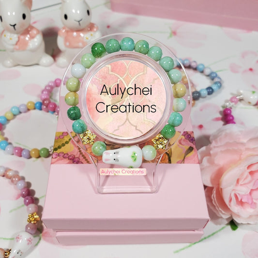 Ceramic Bunny Green Glass Bead Bracelet - Gold