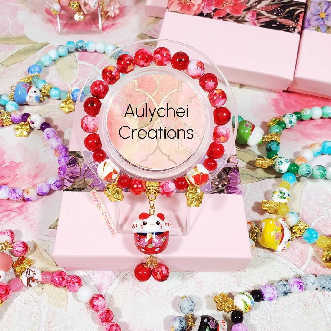 Red Ceramic Neko Cat Cherry Blossom Bracelet