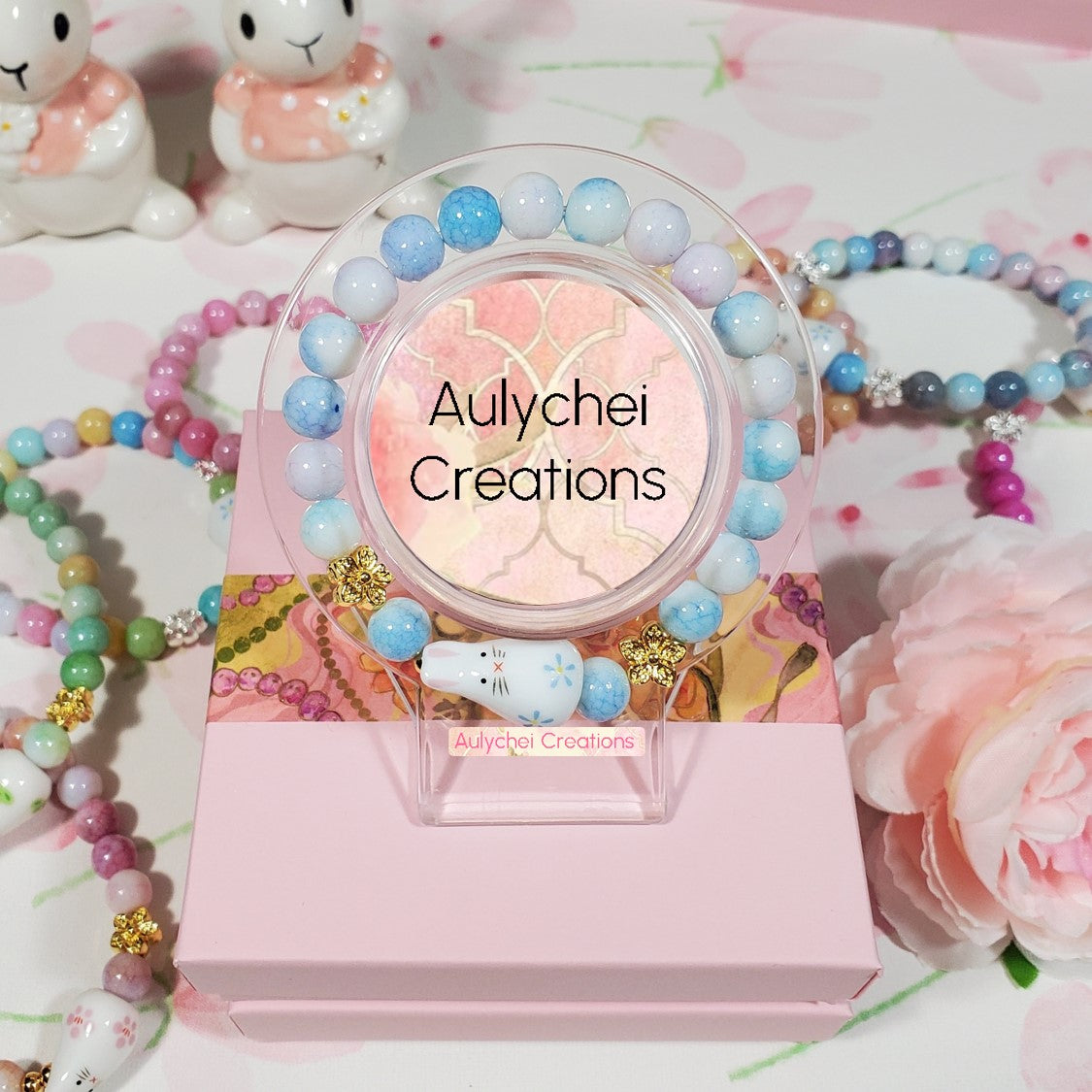 Ceramic Bunny Light Blue Glass Bead Bracelet