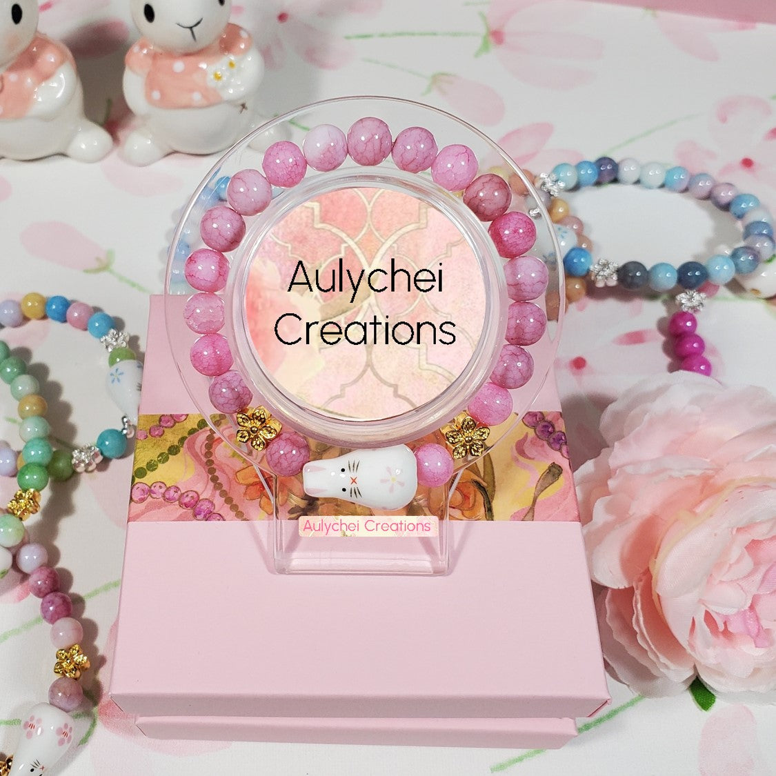 Ceramic Bunny Blush Pink Glass Bead Bracelet