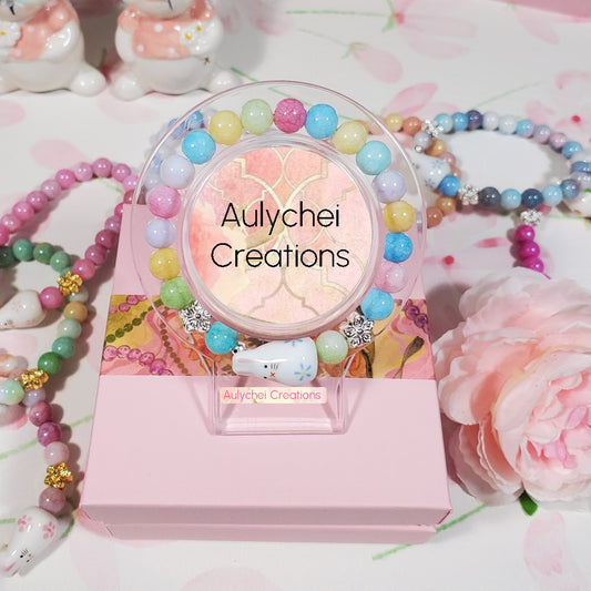 Ceramic Bunny Rainbow Glass Bead Bracelet