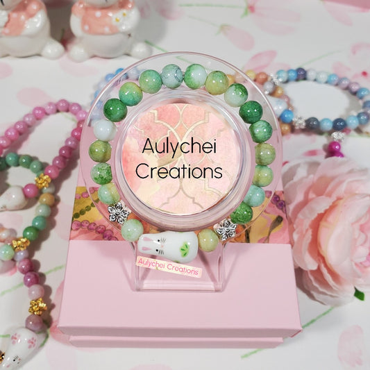 Ceramic Bunny Green Glass Bead Bracelet - Silver