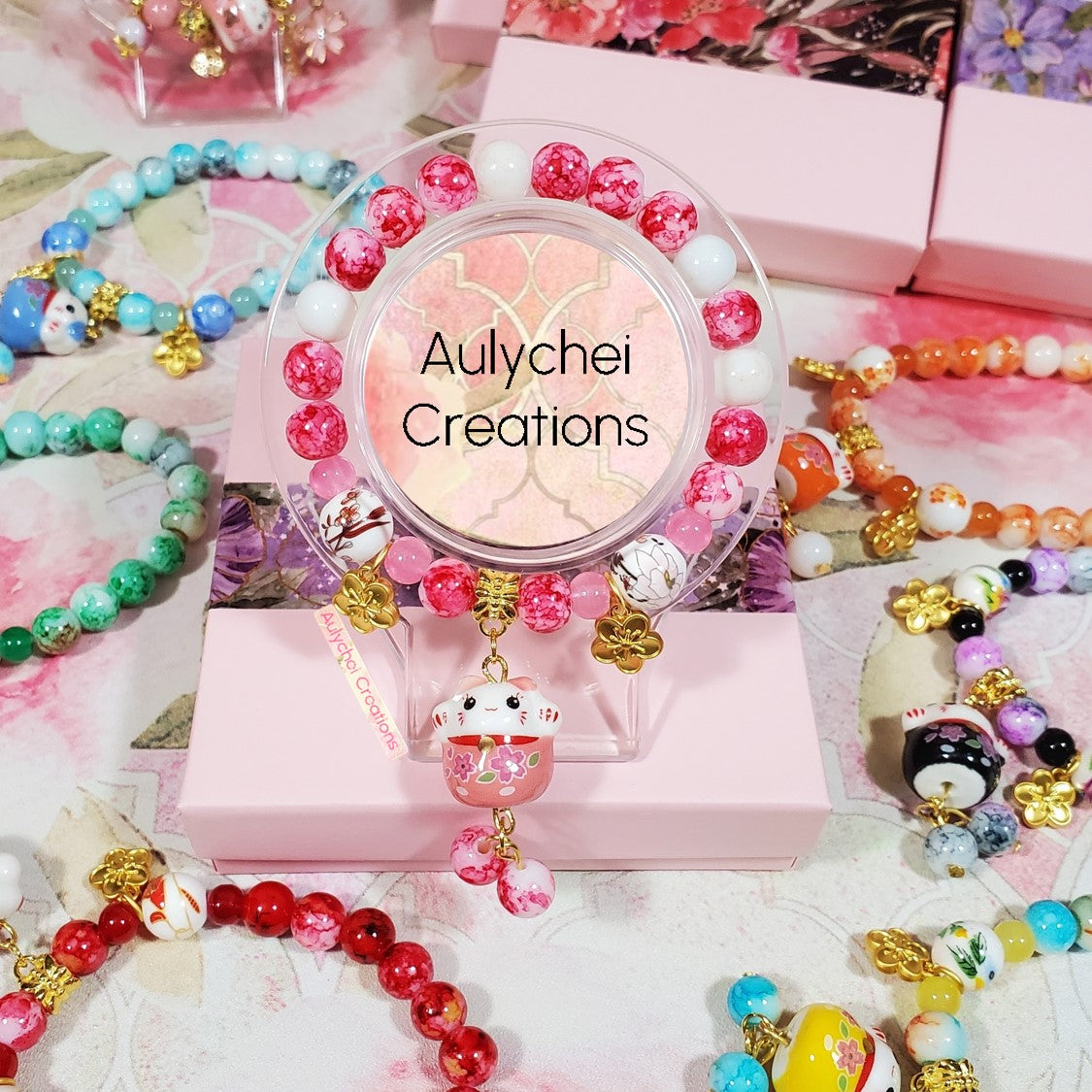 Pink Ceramic Neko Cat Cherry Blossom Bracelet