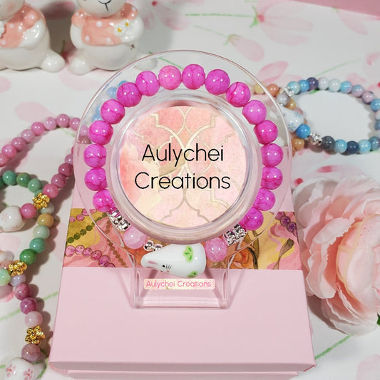 Ceramic Bunny Dark Pink Glass Bead Bracelet