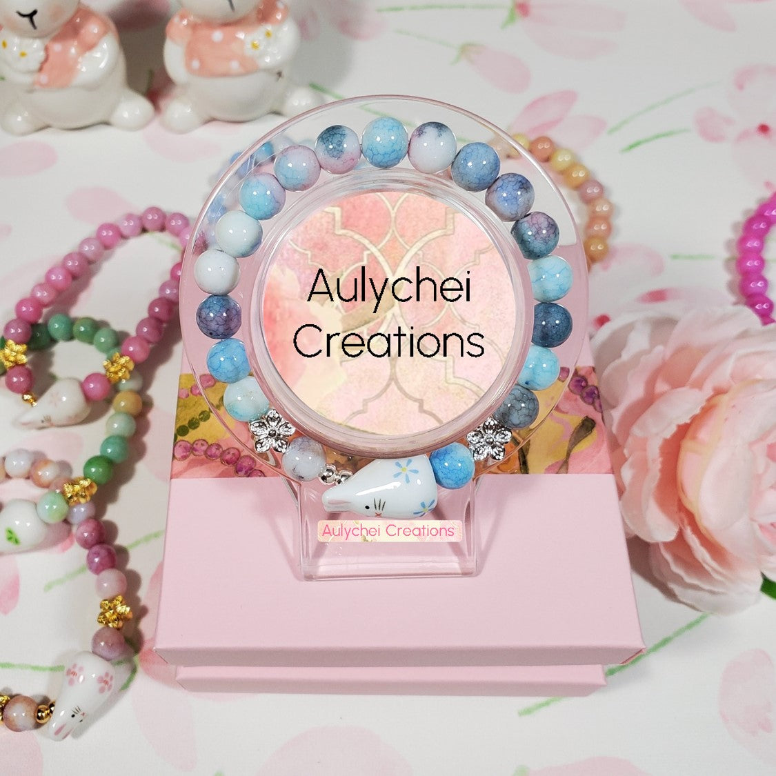 Ceramic Bunny Blue Glass Bead Bracelet