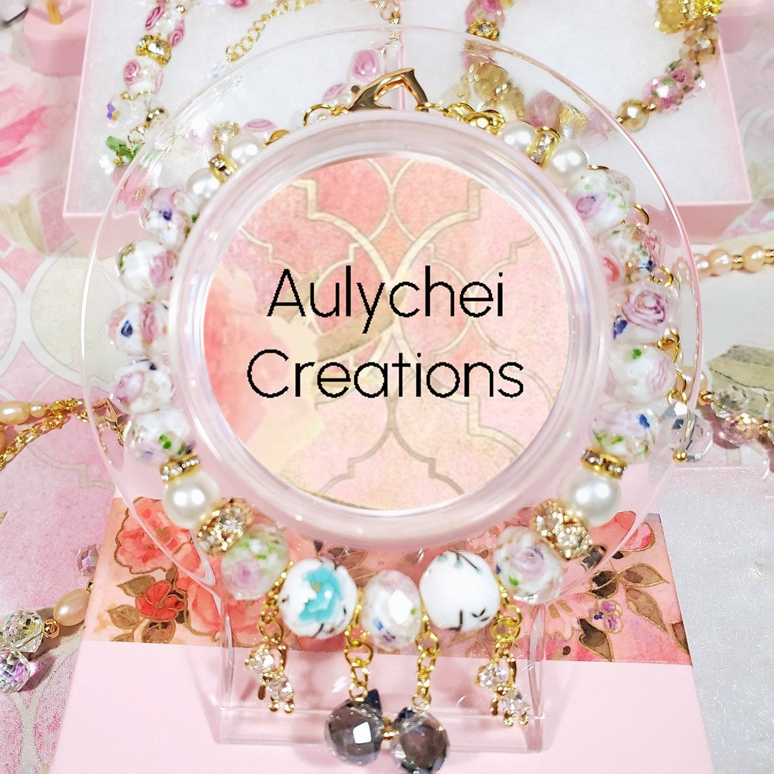 Teal Flower Glass Bead Bear Bracelet