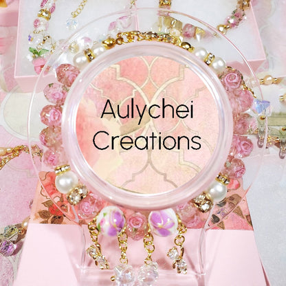 Pink Flower Glass Bead Bear Bracelet