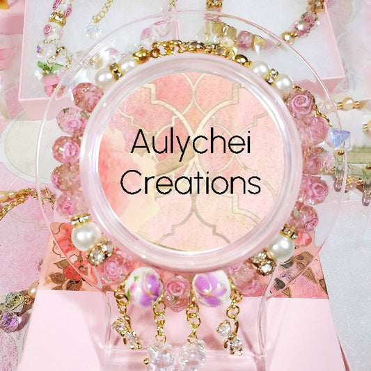 Pink Flower Glass Bead Bear Bracelet