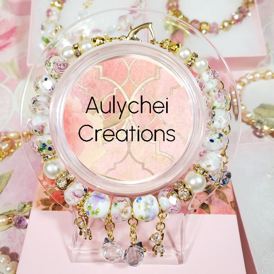 Lilac Flower Glass Bead Bear Bracelet