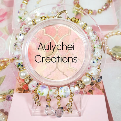 Lilac Flower Glass Bead Bear Bracelet