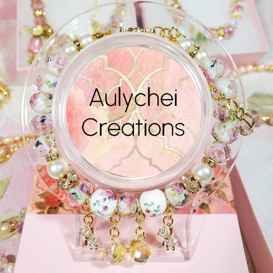 Rose Flower Glass Bead Bear Bracelet