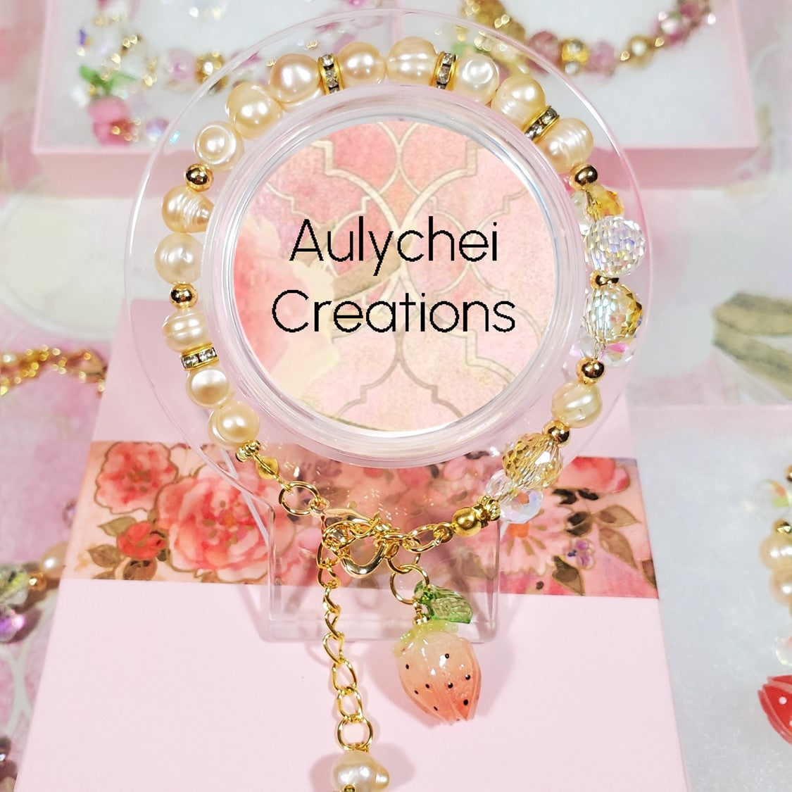 Pink Resin Strawberry Cultured Pearl Bracelet