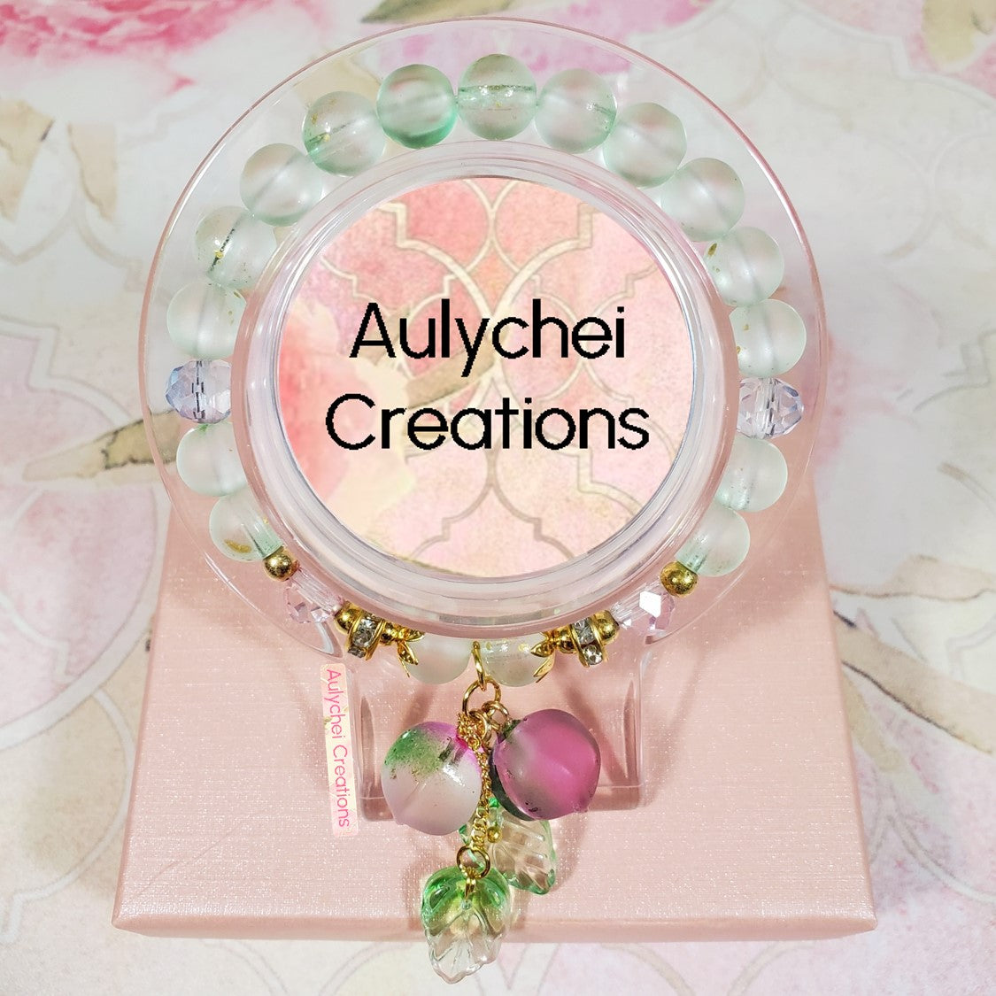 Peach Glass Bead Bracelet - Green Gradient