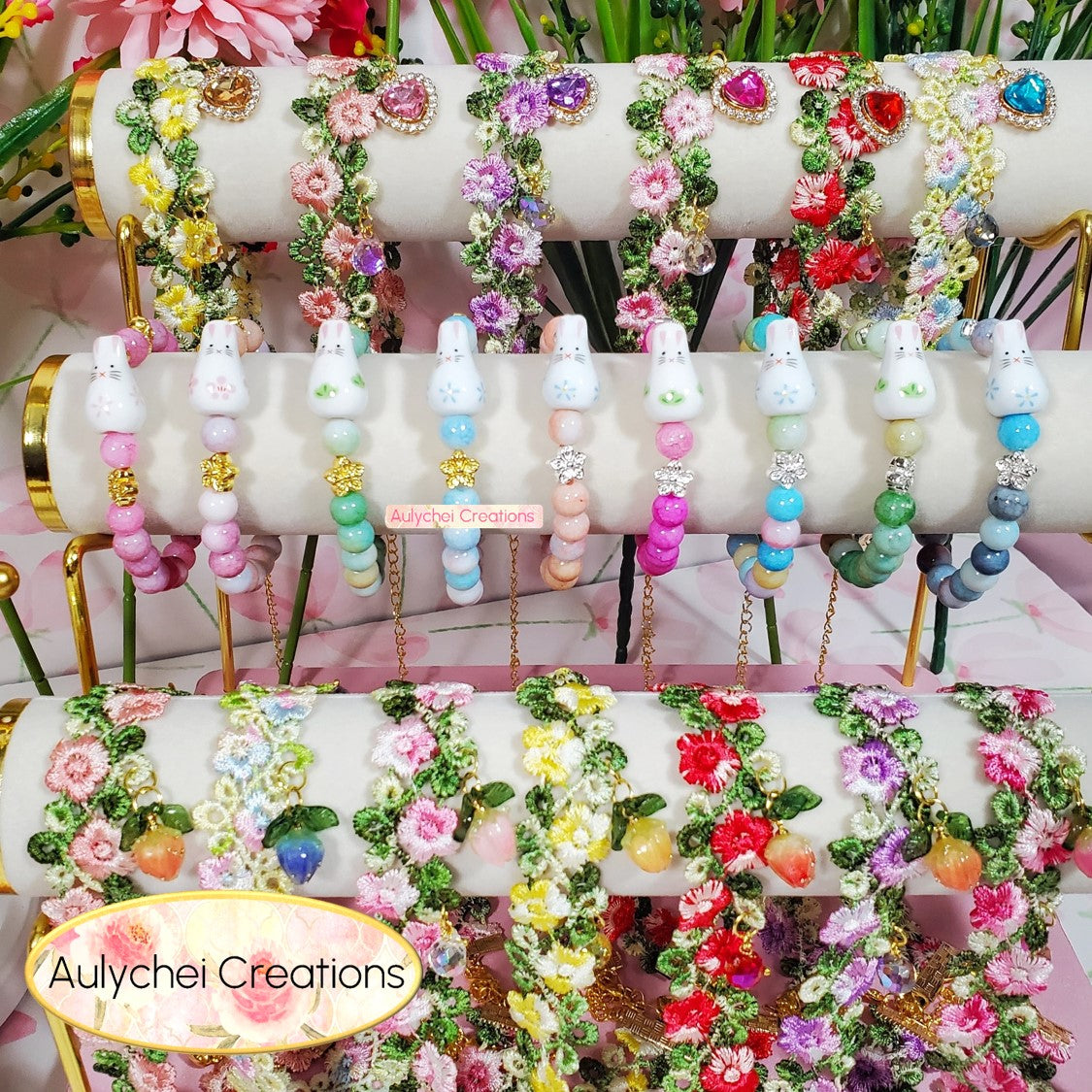 Ceramic Bunny Pink Glass Bead Bracelet