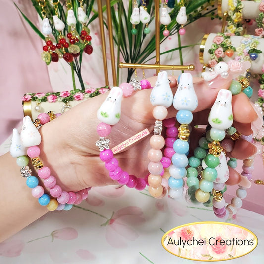 Ceramic Bunny Peach Glass Bead Bracelet