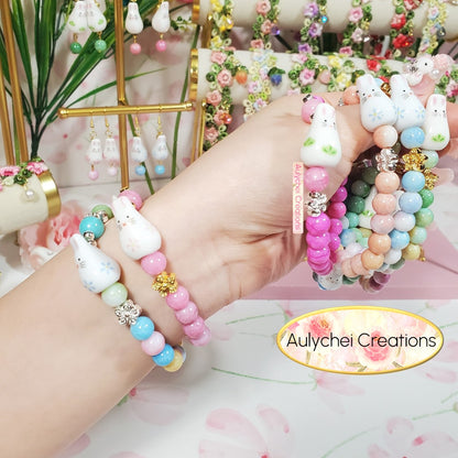 Ceramic Bunny Pink Glass Bead Bracelet
